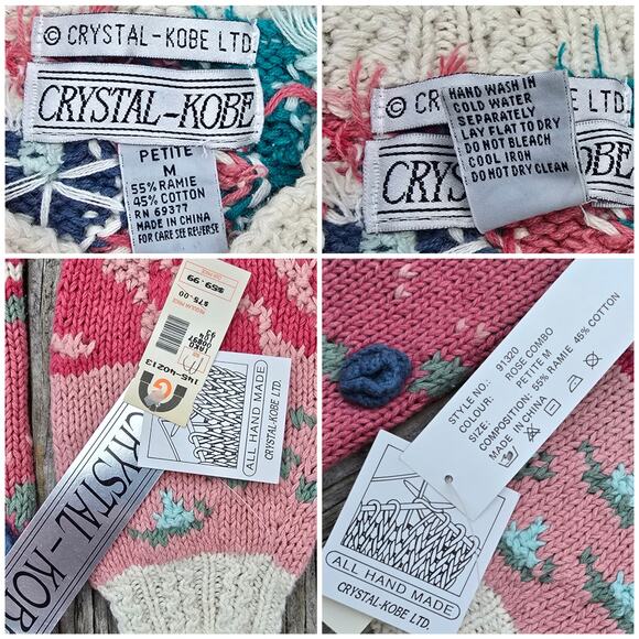 VTG Patchwork Sweater Crystal Kobe Size Petite Medium Pink Blue Beige Floral NWT - Picture 4 of 9